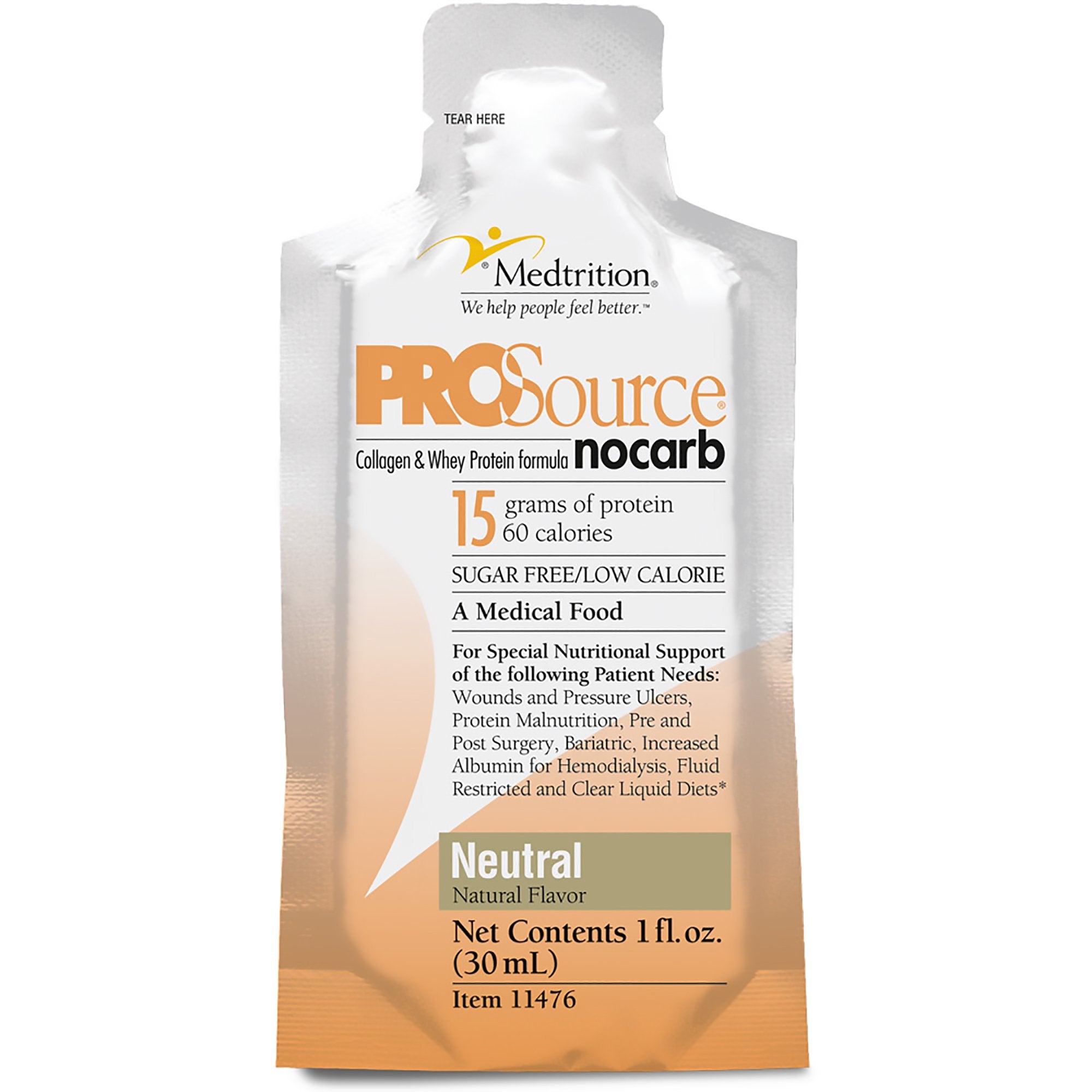 ProSource NoCarb Neutral Flavor 1 oz pouch showing 15 grams of protein breakdown